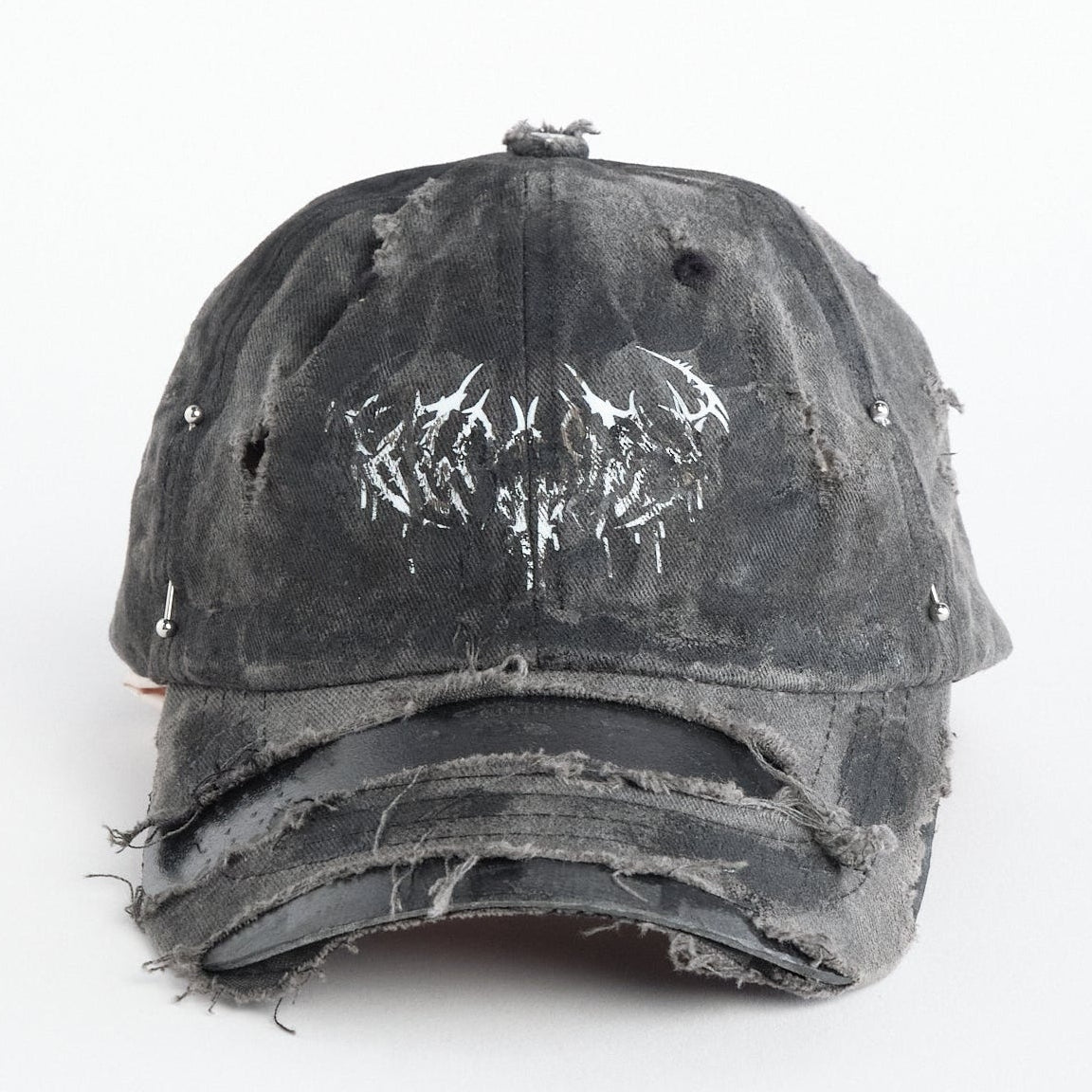 Front of ASTROBOI* indie grunge black distressed hat with barbed wire logo, adjustable strap, and hand-painted raw streetwear detailing, handmade in NYC.