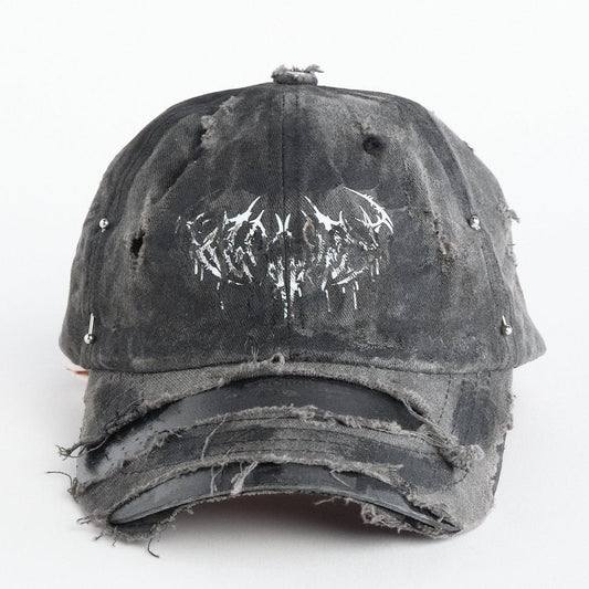 Front of ASTROBOI* indie grunge black distressed hat with barbed wire logo, adjustable strap, and hand-painted raw streetwear detailing, handmade in NYC.