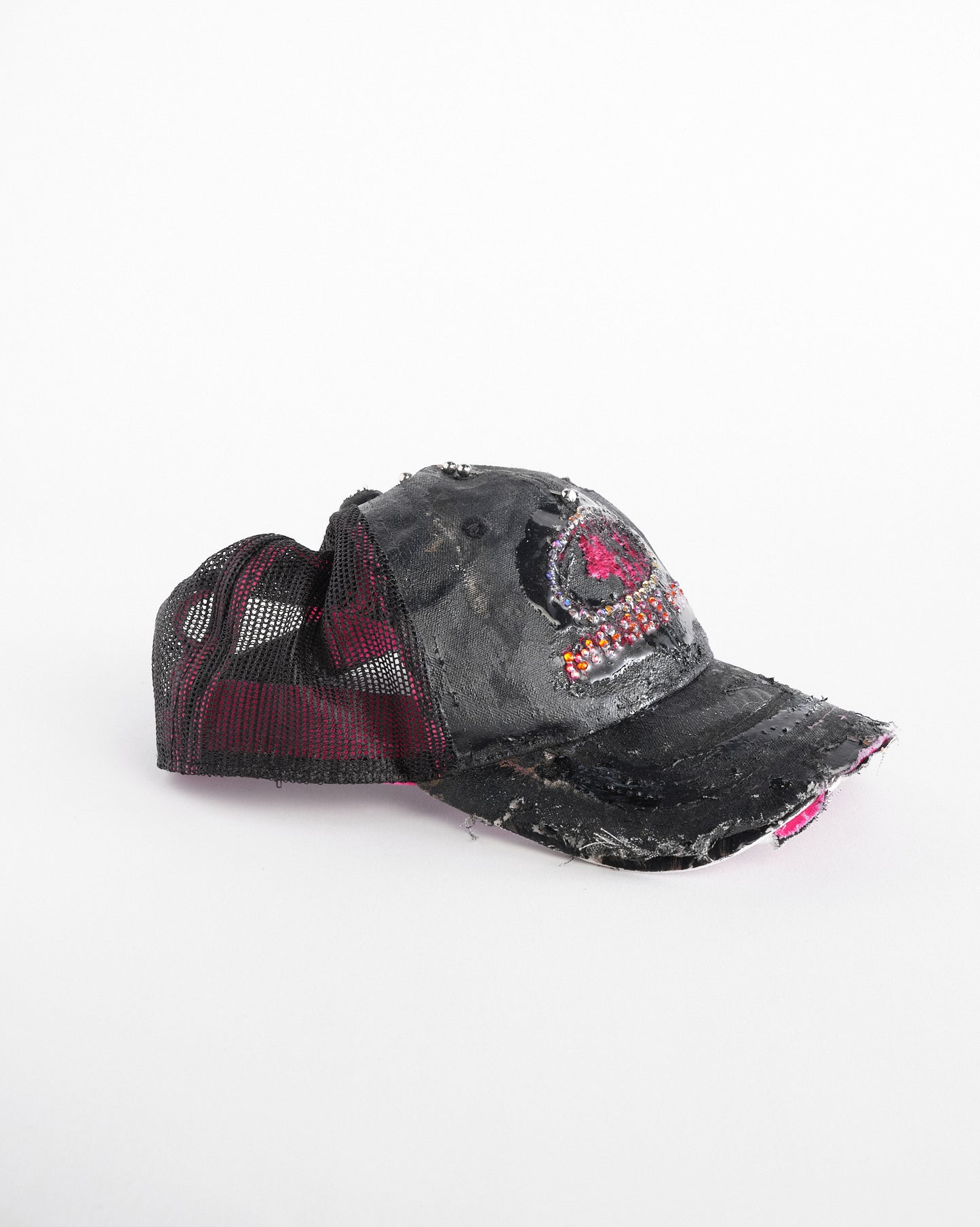 Right of ASTROBOI* x Mossy Oak black and pink distressed rhinestone hat with resin logo and mesh back panel