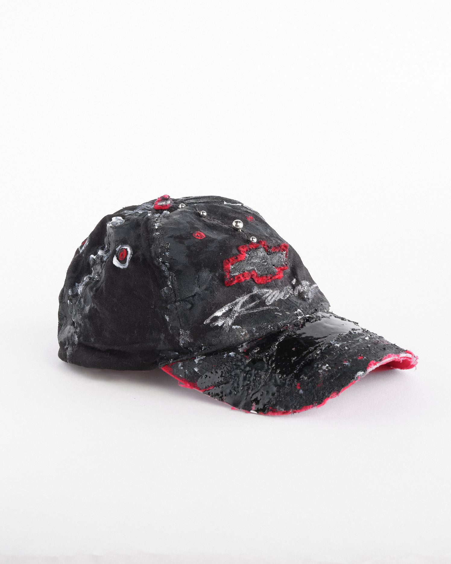 Right of Black and red Chevy Racing hat customized by ASTROBOI* with distressing, painted details, glossy resin visor, and stainless steel piercings.