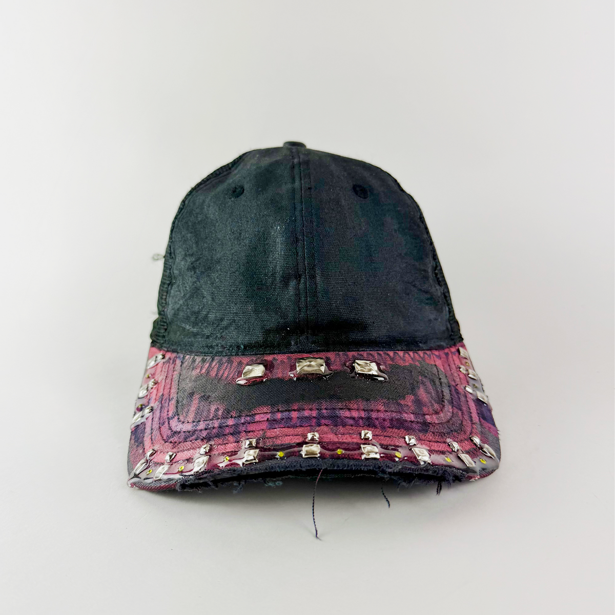ASTROBOI* x Carhartt 'Exstasia' black and maroon rhinestone studded cap, front view.