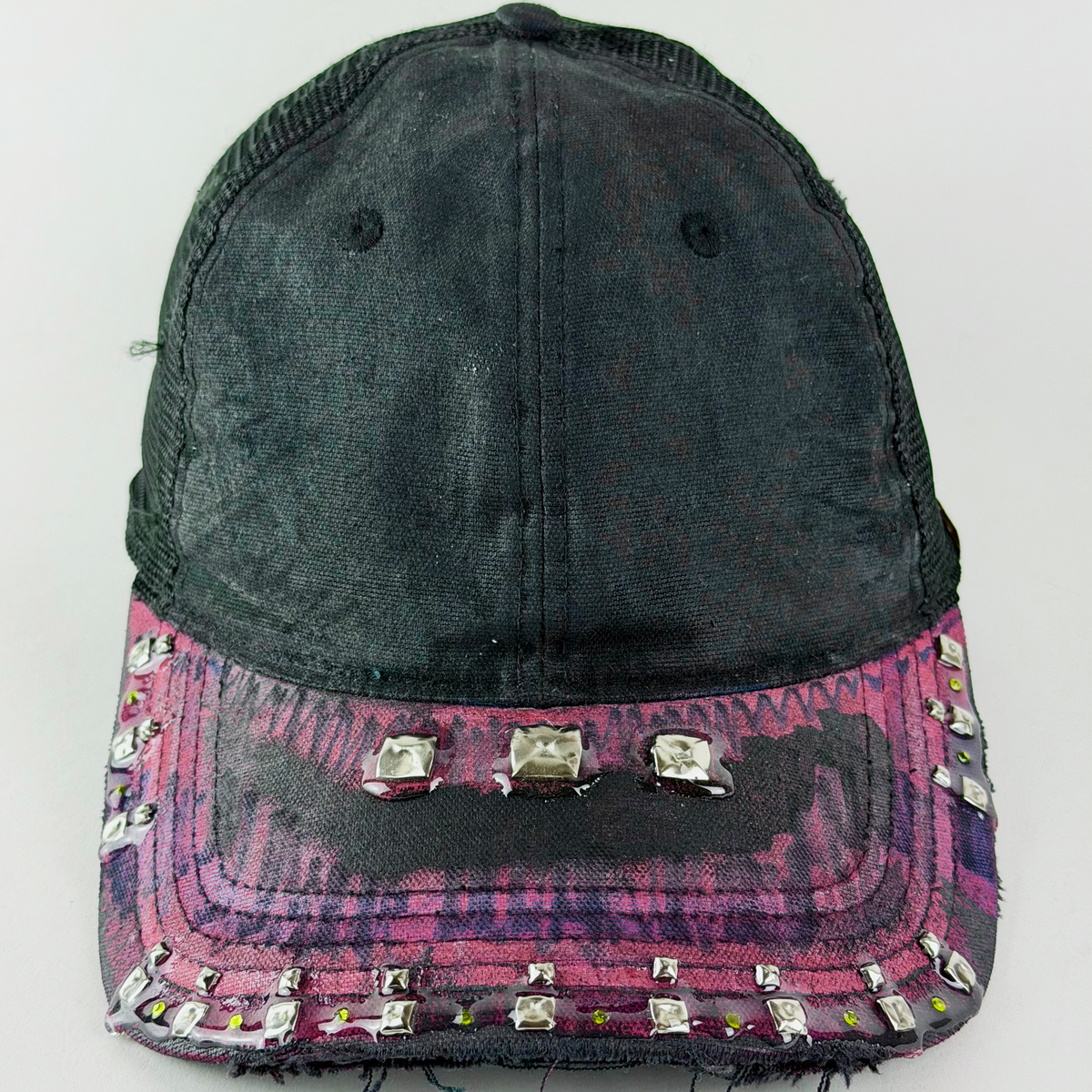ASTROBOI* x Carhartt 'Exstasia' black and maroon rhinestone studded cap, front view.