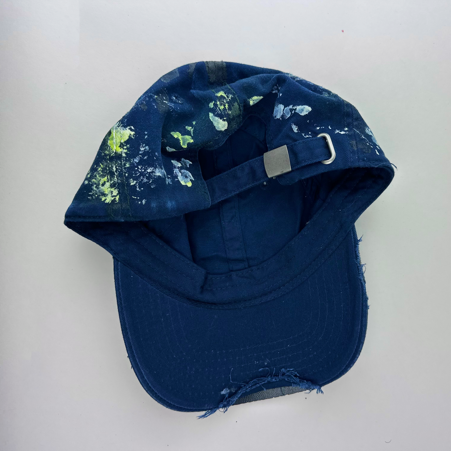 ASTROBOI* 'Coral' blue distressed painted cap, rear view showing adjustable strap back.