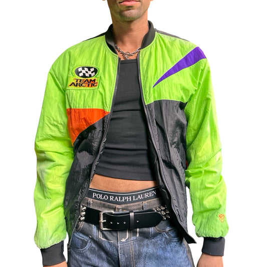 Vintage Arctic Wear black and gray colorblocked winter jacket with racing details, Arctic patch, and ribbed trim, size Large Tall. jacket open 