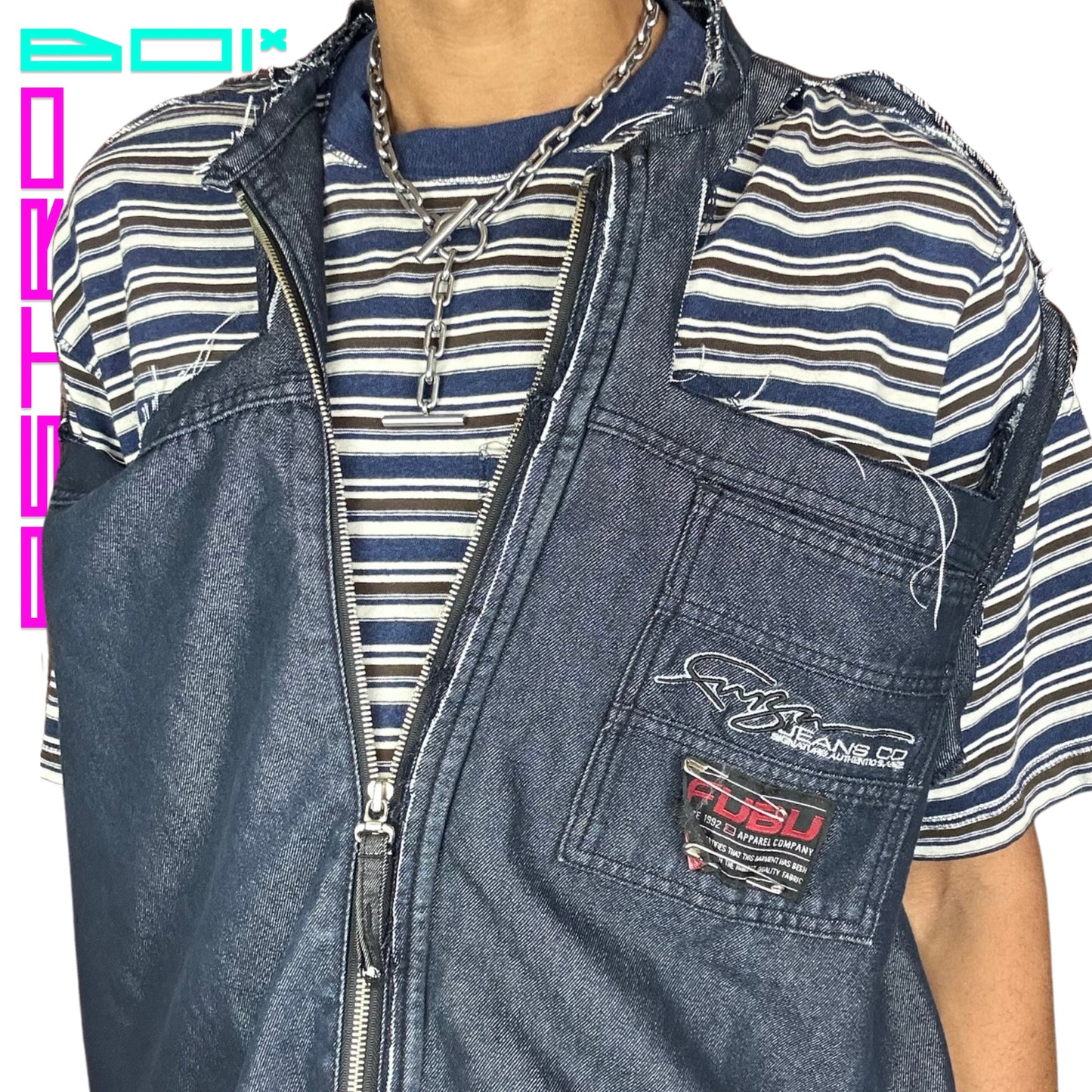 ASTROBOI* CUSTOMIZED FUBU DECONSTRUCTED DENIM VEST_ XL