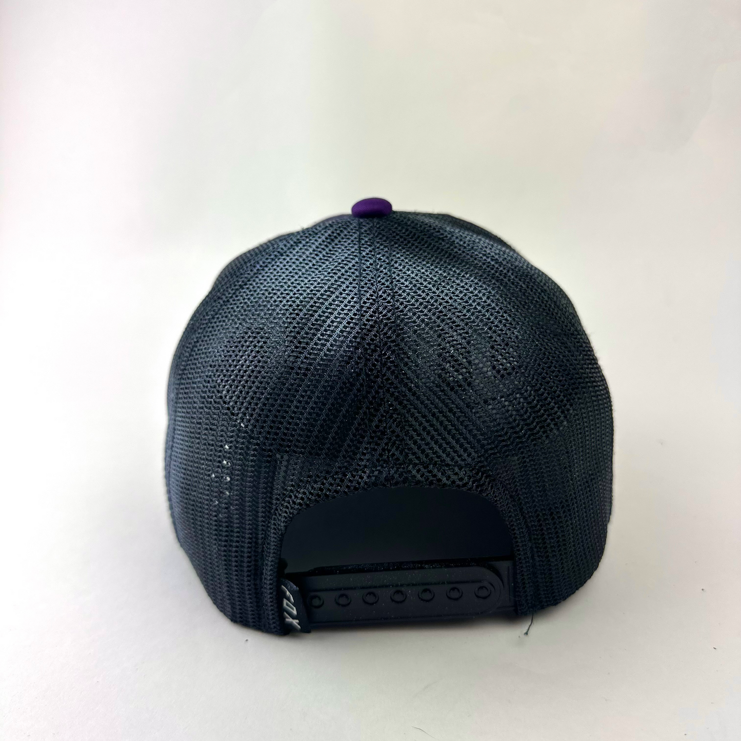 ASTROBOI* x Fox Racing 'Barbed Wire' purple rhinestone hat, rear view showing mesh back panel and adjustable strap.