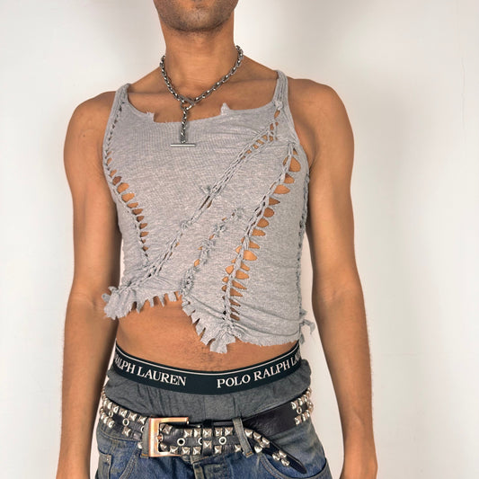 Cover image of ASTROBOI* Fog gray braided twist tank top with cut-outs and fringe hem, size Medium, close fit, customized in NYC
