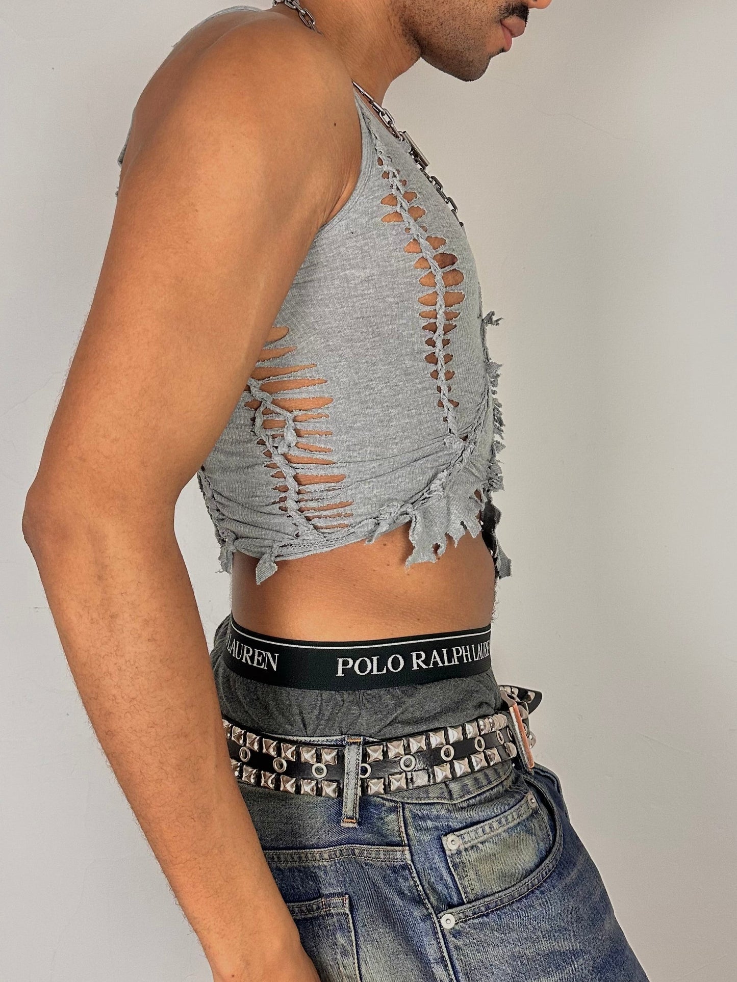 Right side of ASTROBOI* Fog gray braided twist tank top with cut-outs and fringe hem, size Medium, close fit, customized in NYC
