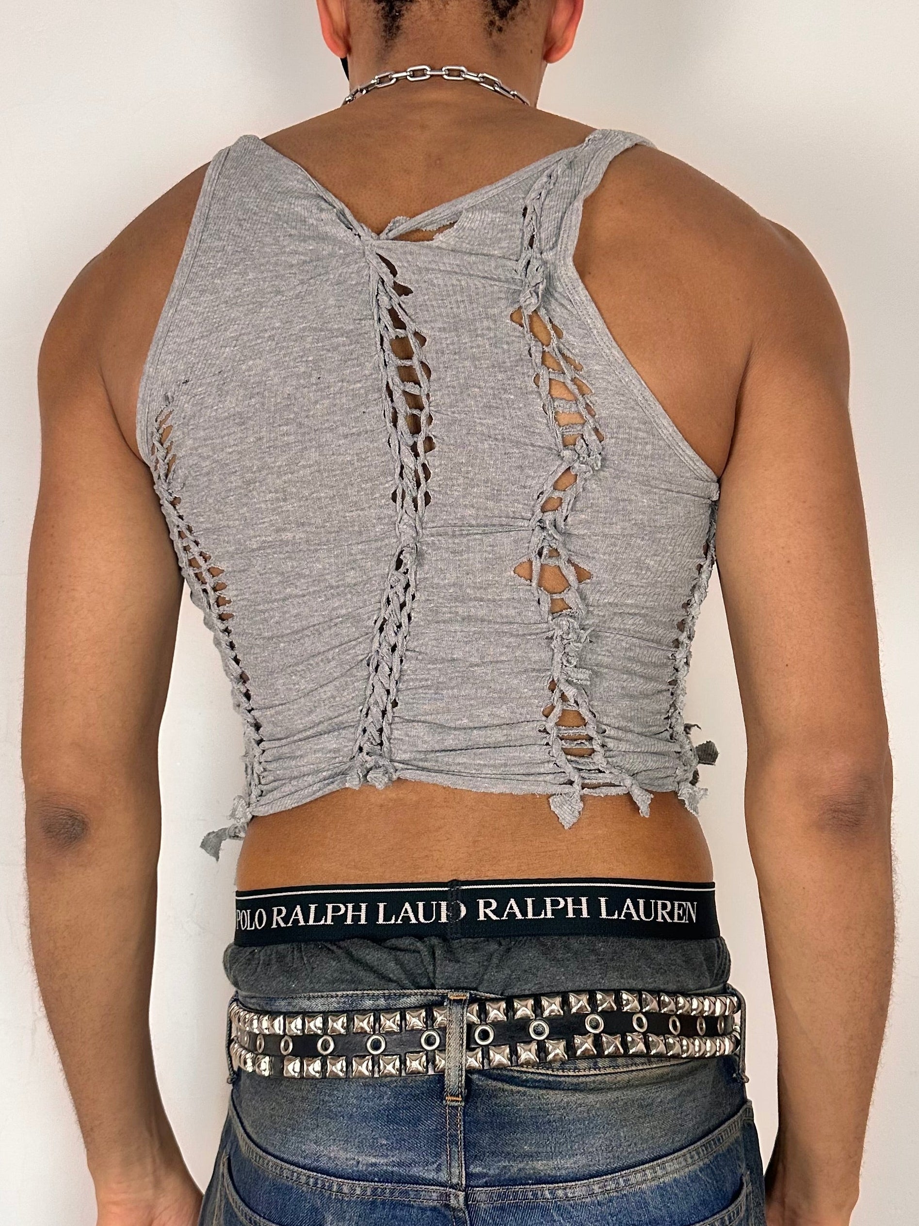 Back side of ASTROBOI* Fog gray braided twist tank top with cut-outs and fringe hem, size Medium, close fit, customized in NYC
