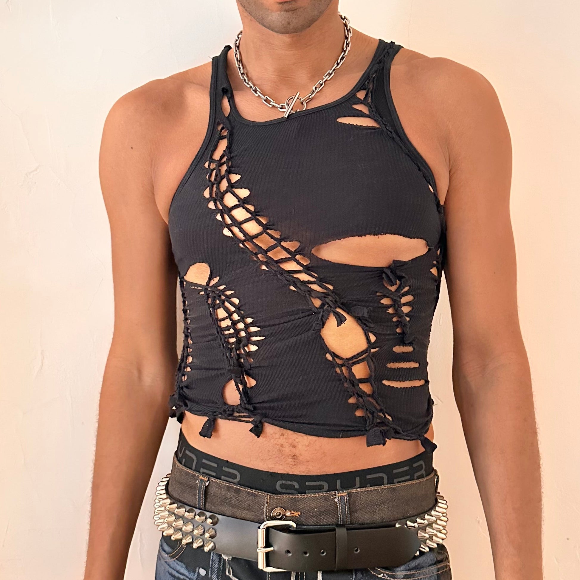 ASTROBOI* x Gildan ‘Nightshade’ black braided twist tank top with slashed detailing and slim cropped fit, front view.