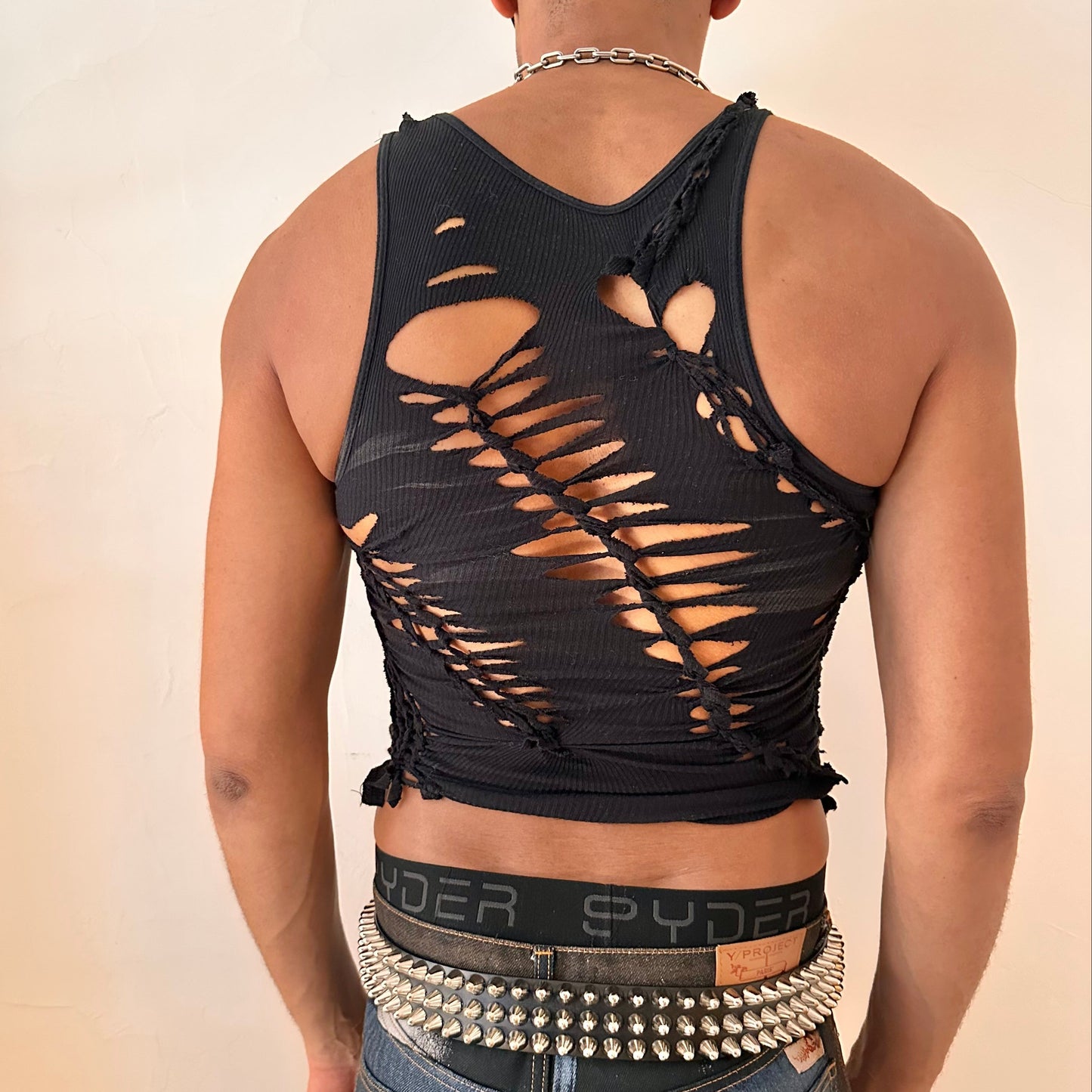 ASTROBOI* ‘Nightshade’ black braided twist tank top, rear view showing slim cropped silhouette and deconstructed detailing.