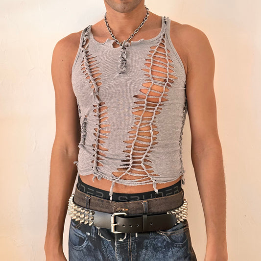 ASTROBOI* 'Morpheus' gray slim-fitting braided twist tank top with hand-braided arrangement, knots, and cut-outs throughout, front view.