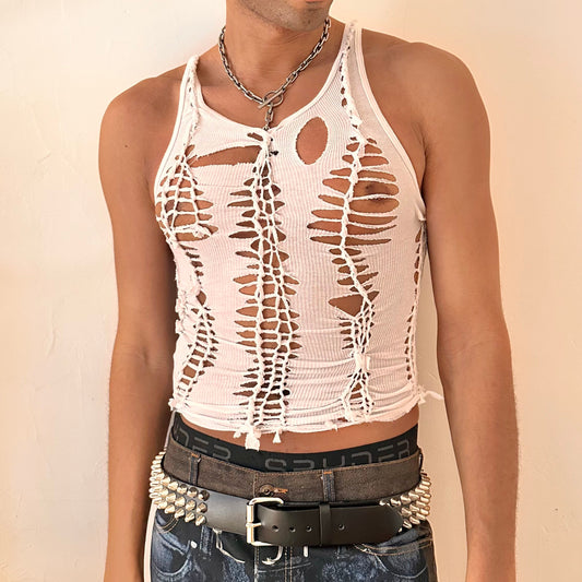 ASTROBOI* 'Trinity' white close-fitting braided twist tank top with hand-braided arrangement and cut-outs throughout, front view.