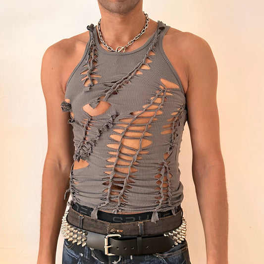 Front of ASTROBOI* 'Cypher' clay gray slim-fit tank top with hand-braided twist detailing and cut-outs contouring the torso, handmade at ASTROBOI* STUDIO in NYC.