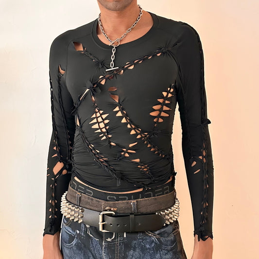 ASTROBOI* 'LEO' black long sleeve braided spandex compression top with hand-braided arrangement and slash detailing throughout, close-fitting, front view.