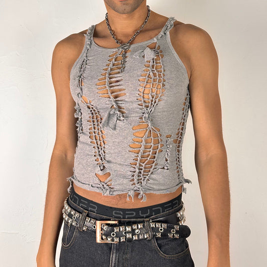 ASTROBOI* 'Smoke' gray close-fitting braided twist tank top with hand-braided arrangement, knots, and cut-outs throughout, front view.