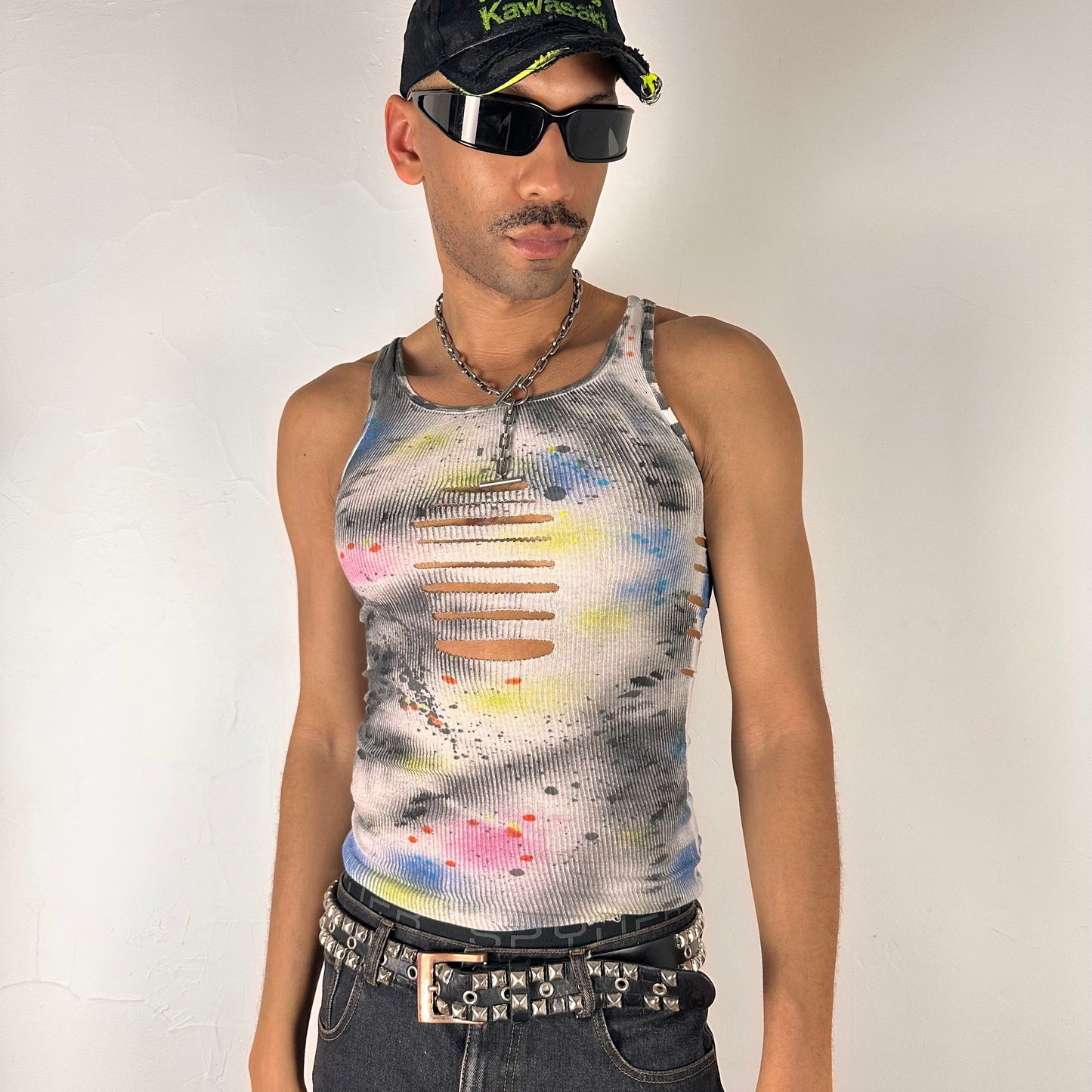 ASTROBOI* x Hanes 'HEAVEN' White Ribbed Pink/Yellow/Black/Blue Graphic Print Tank Top – Small