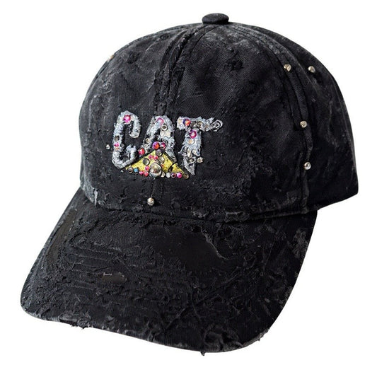 ASTROBOI* x CAT Black Distressed Pierced Rhinestone Resin Hat