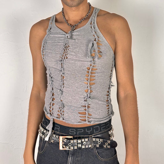 ASTROBOI* 'Concrete' gray close-fitting braided twist tank top with hand-braided arrangement, slashes, and knots throughout, front view.