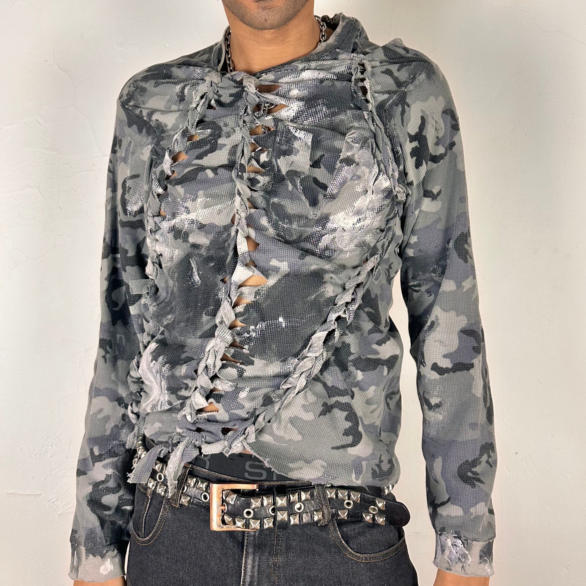 Cover image of ASTROBOI* grey camo braided twist long sleeve t-shirt with white and black hand painted design, slim relaxed fit, size XL.