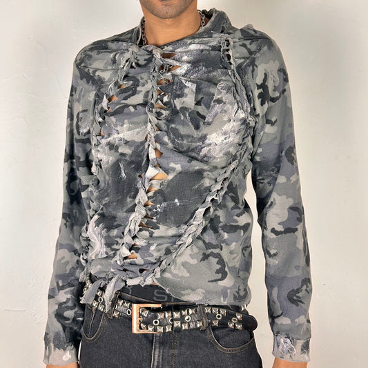 Cover image of ASTROBOI* grey camo braided twist long sleeve t-shirt with white and black hand painted design, slim relaxed fit, size XL.
