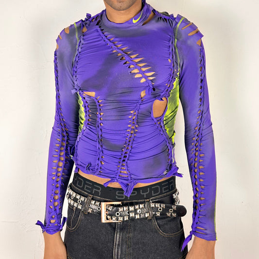 Cover image of ASTROBOI* x Nike Pro purple and green braided compression top in medium with airbrushed details, mesh side panels, and slim athletic fit.