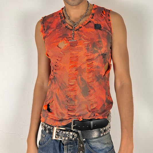 ASTROBOI* 'Home Depot' blaze orange loose-fitting grunge camo tank top with high design cuts and black and white paint treatment throughout, front view.