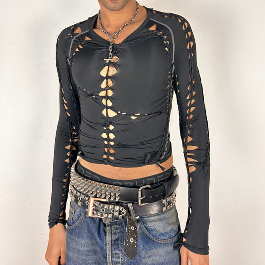 Cover image of ASTROBOI* 'Mystique' black braided twist compression top with cut-out details. Handmade in NYC using breathable, moisture-wicking stretch fabric.