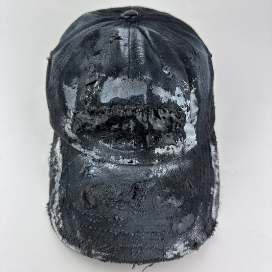 Front of ASTROBOI* Brooklyn distressed black baseball hat with 3D black resin slime over embroidery and adjustable back strap, handmade in NYC.