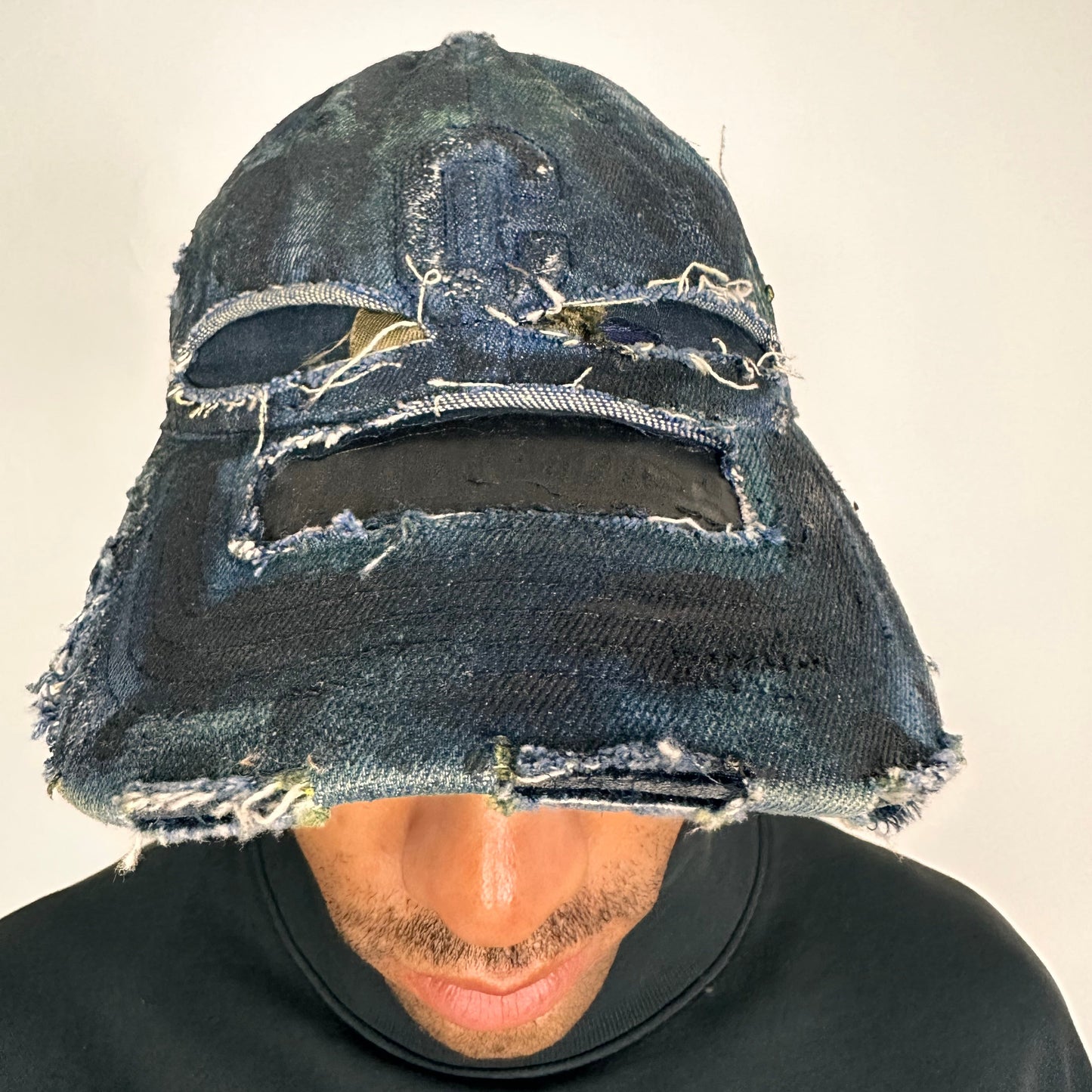 Black & Blue Faded Denim Deconstructed Hat