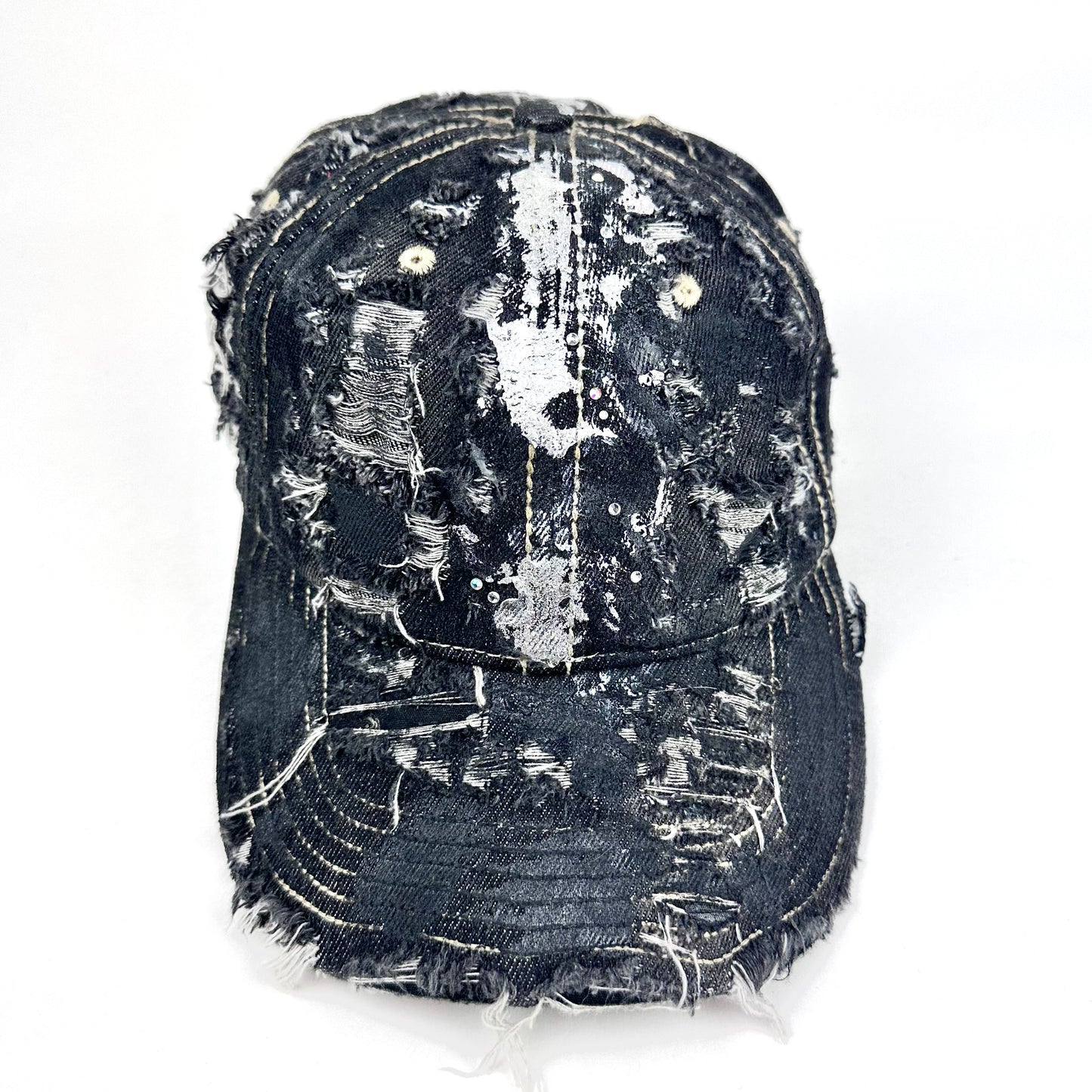 Black distressed baseball cap on a white background