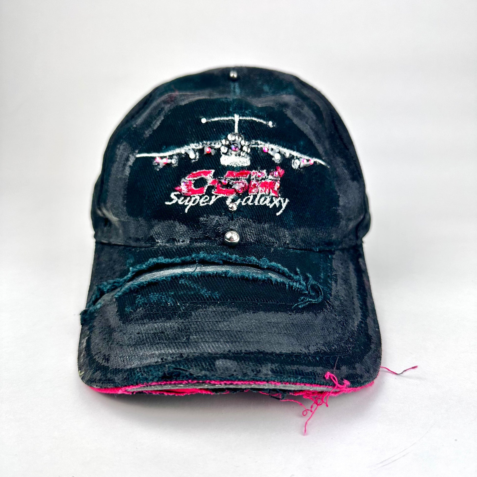 Alternate front product shot of ASTROBOI* C5M Super Galaxy black baseball cap with resin-sealed rhinestone logo patch and adjustable strap, hand-customized in NYC
