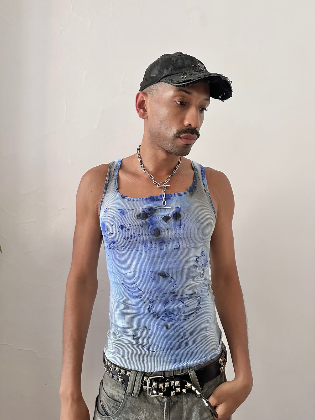 ASTROBOI* x Hanes 'Klein' Blue Ribbed Splatter & Swirl Tank Top - Medium