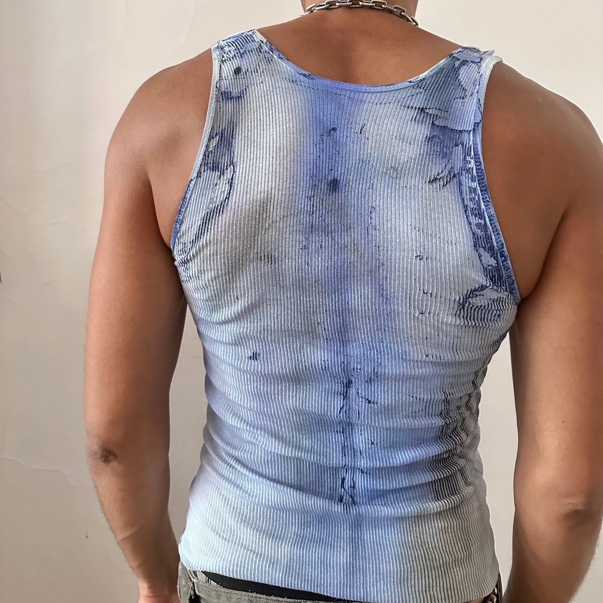ASTROBOI* x Hanes 'Klein' Blue Ribbed Splatter & Swirl Tank Top - Medium