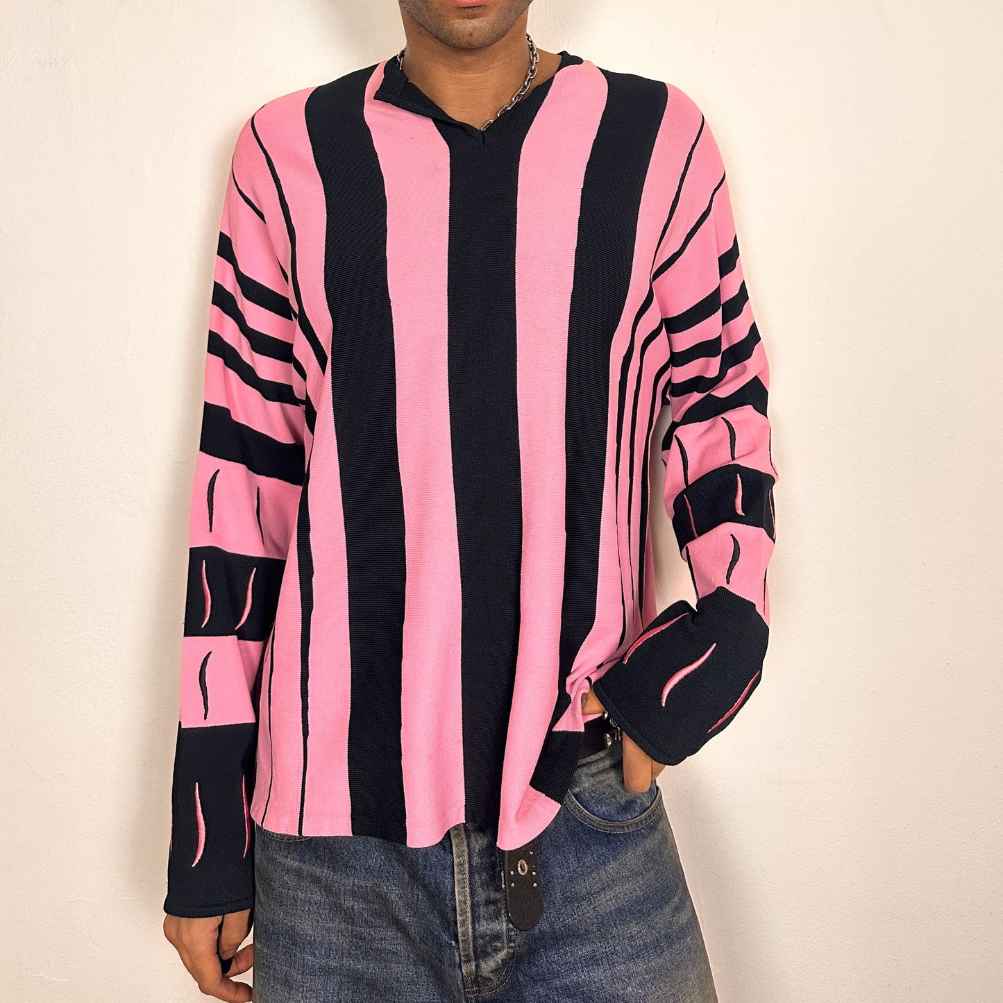 Kiko Kostadinov 2021 Hydra sweater with pink and black stripes, Baja-style fit, embroidered swirl details on sleeves, size 52 XL, front