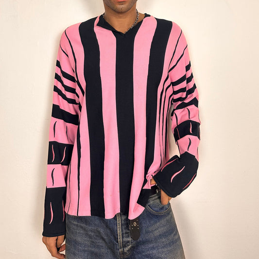Kiko Kostadinov 2021 Hydra sweater with pink and black stripes, Baja-style fit, embroidered swirl details on sleeves, size 52 XL, front