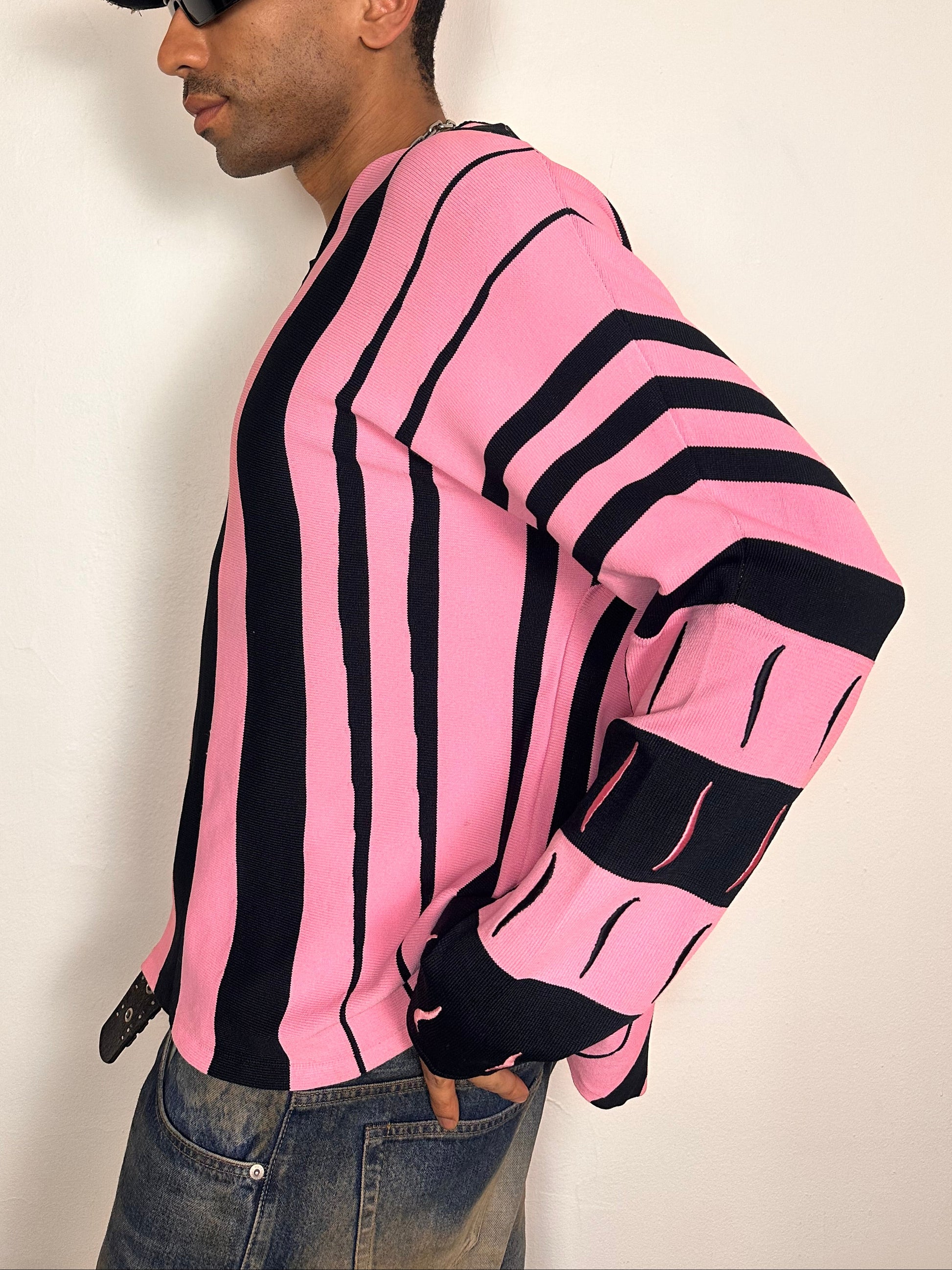 Kiko Kostadinov 2021 Hydra sweater with pink and black stripes, Baja-style fit, embroidered swirl details on sleeves, size 52 XL, left side 