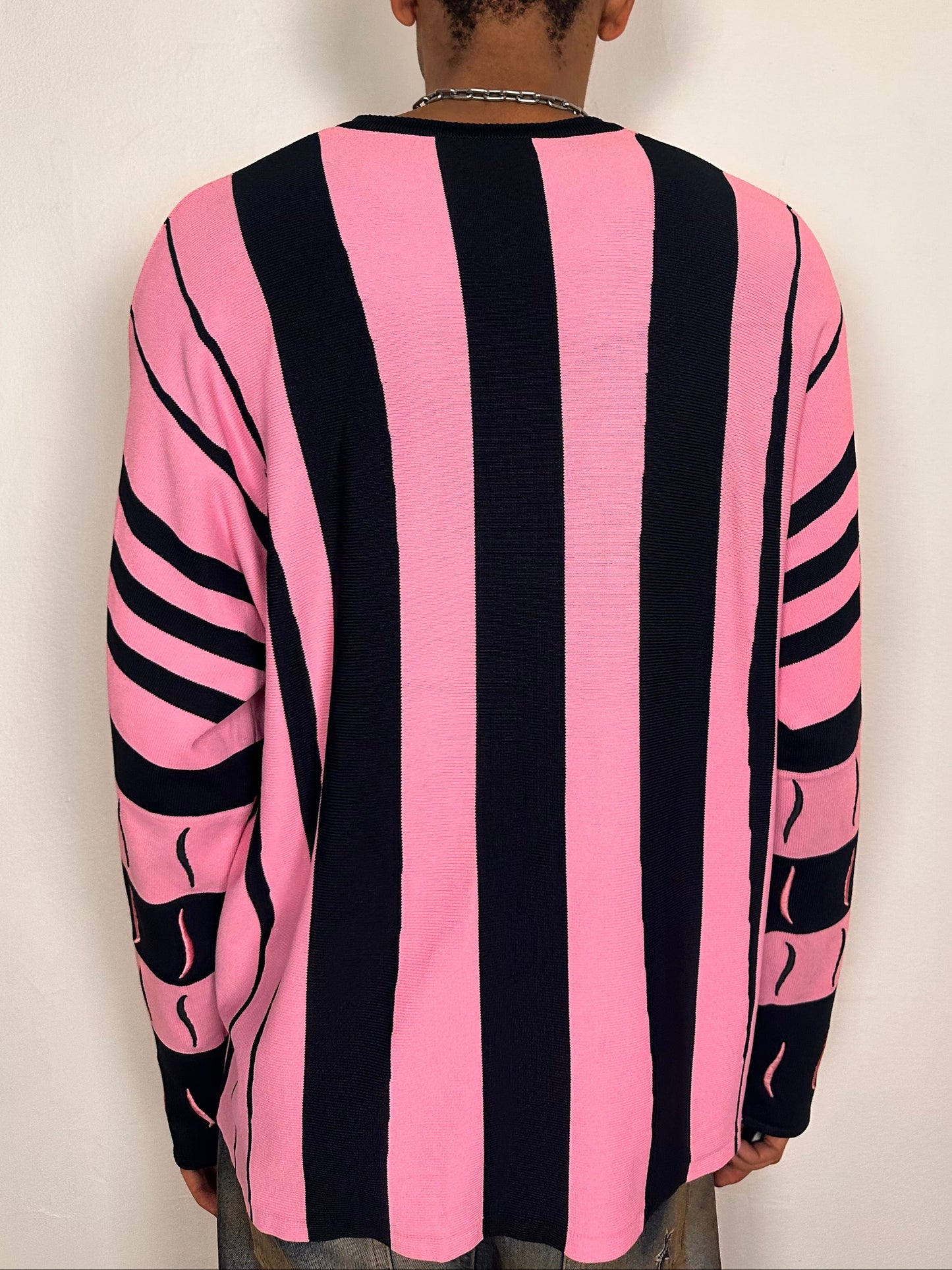 Kiko Kostadinov 2021 Hydra sweater with pink and black stripes, Baja-style fit, embroidered swirl details on sleeves, size 52 XL, back view