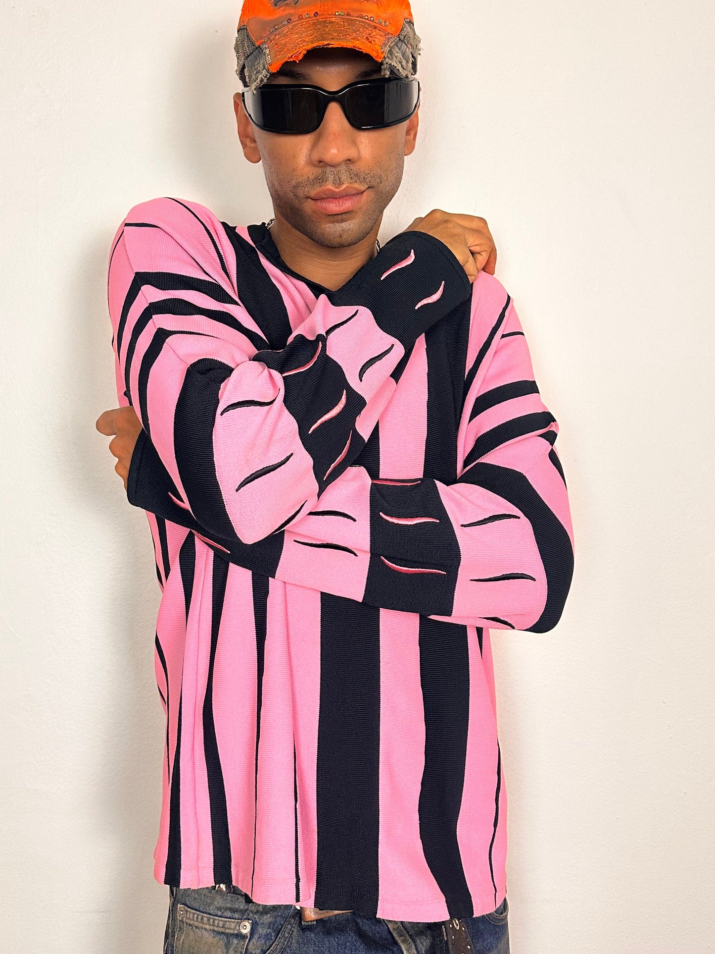 Kiko Kostadinov 2021 Hydra sweater with pink and black stripes, Baja-style fit, embroidered swirl details on sleeves, size 52 XL, sleeve detail 