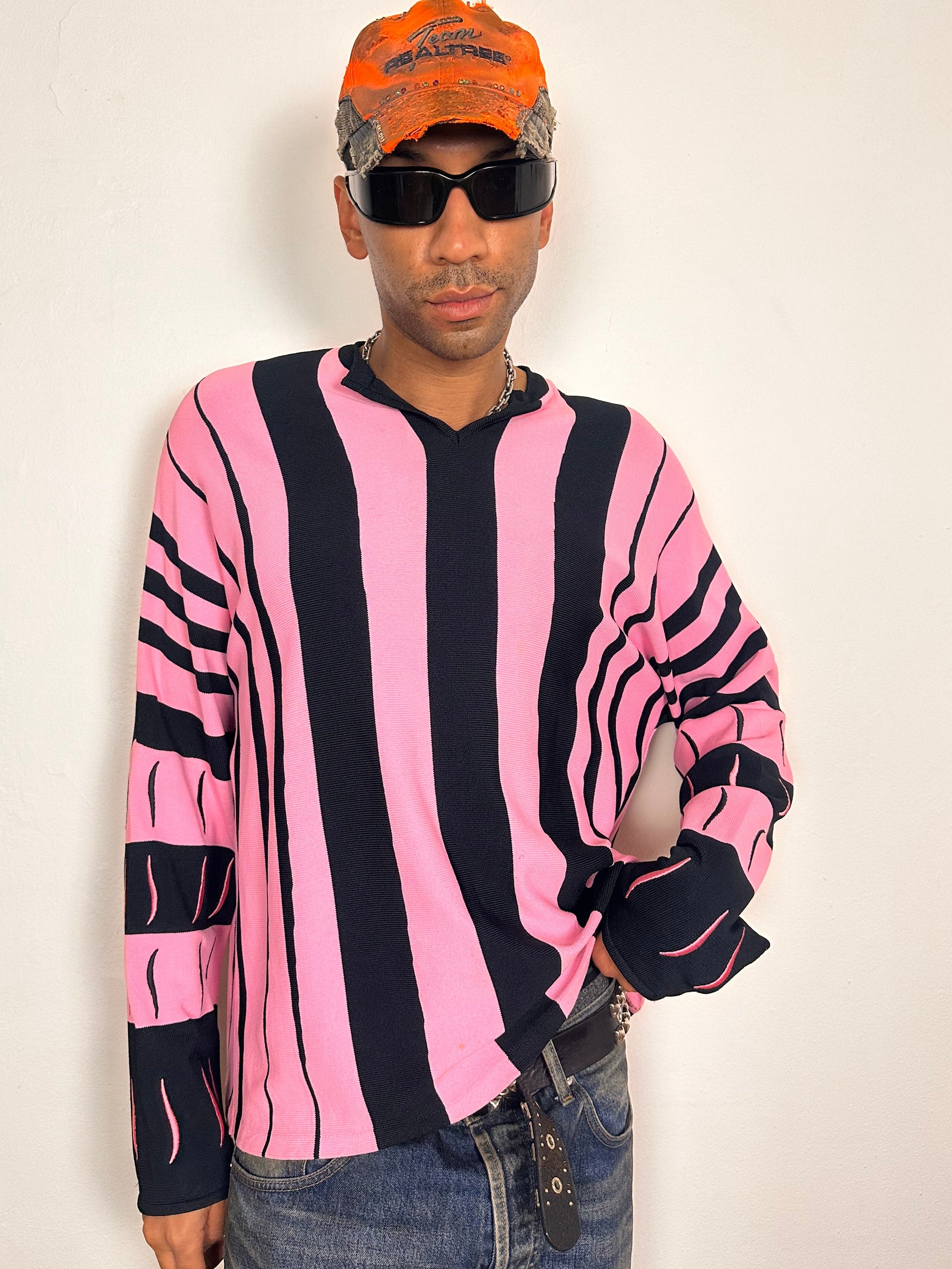 Kiko Kostadinov 2021 Hydra sweater with pink and black stripes, Baja-style fit, embroidered swirl details on sleeves, size 52 XL, styled overview