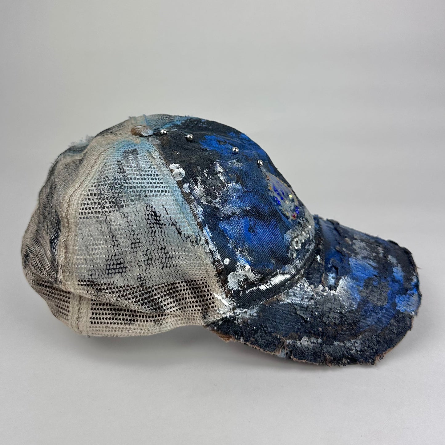 ASTROBOI* x John Deere Black & Blue Distressed Pierced Rhinestone Trucker Hat