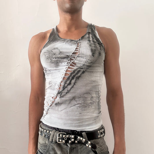 ASTROBOI* x Hanes 'Hell Static' white slim-fitting grunge braided tank top with faded barbed wire and skull design, single center braid, and raw hemline, front view.