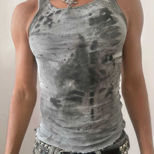 Close-up of ASTROBOI* x Hanes 'ASKR VOID' showing black ink blot abstract design and faded aged finish on gray ribbed 100% cotton fabric.