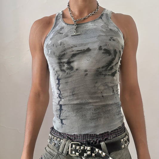 ASTROBOI* x Hanes 'DRAUGR.exe' white slim-fitting grunge tank top with faded barbed wire design and black abstract splotches throughout, front view.