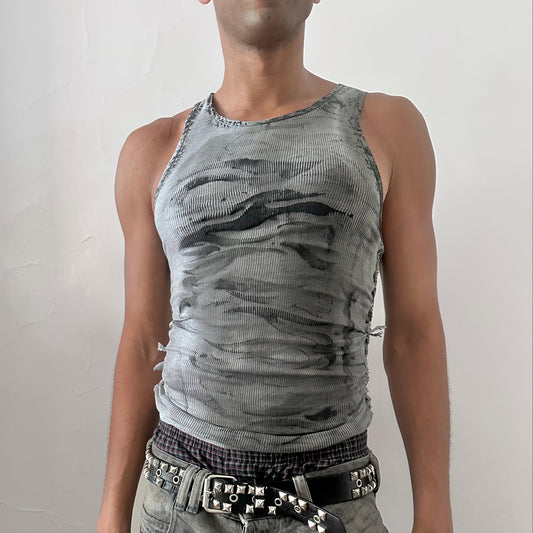 ASTROBOI* x Hanes 'Svartalfa' gray faded slim-fitting grunge braided tank top with black faded flame design and braids running down the sides, front view.