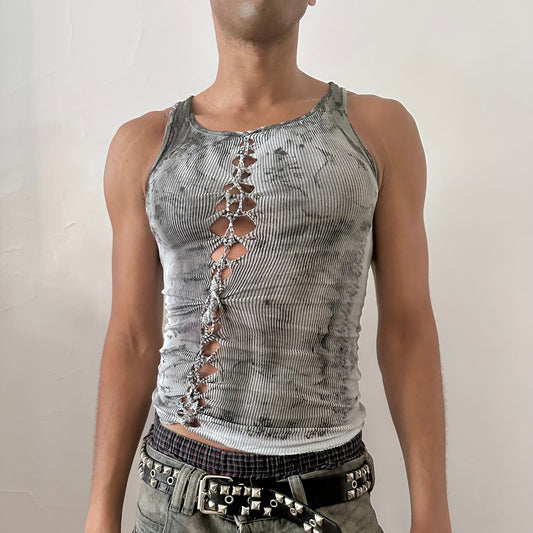 ASTROBOI* x Hanes 'Muninn Static' white slim-fitting grunge braided tank top with black cloudy faded scanned-effect design and single center braid, front view.