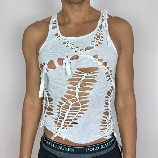 ASTROBOI* x Hanes 'Cosmo' white slim-fitting braided sleeveless tank top with hand-braided detailing along the front, front view.