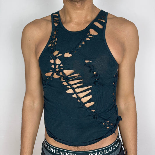 ASTROBOI* x Gildan 'Octavos' black slim-fitting asymmetric braided twist tank top with knotted detailing along asymmetric straps, front view.
