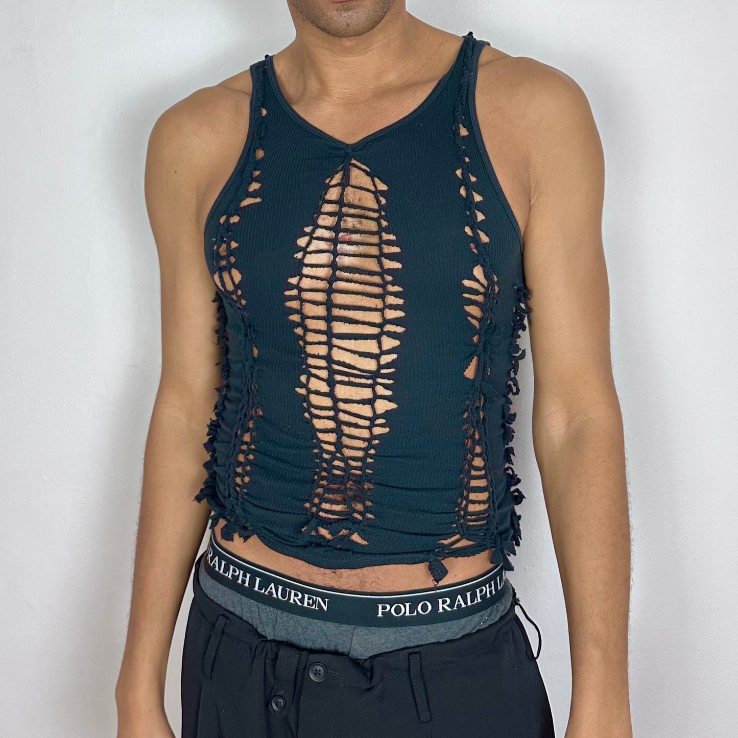 ASTROBOI* 'Jet' black close-fitting braided twist tank top with hand-braided arrangement, knots, and cut-outs throughout, front view.