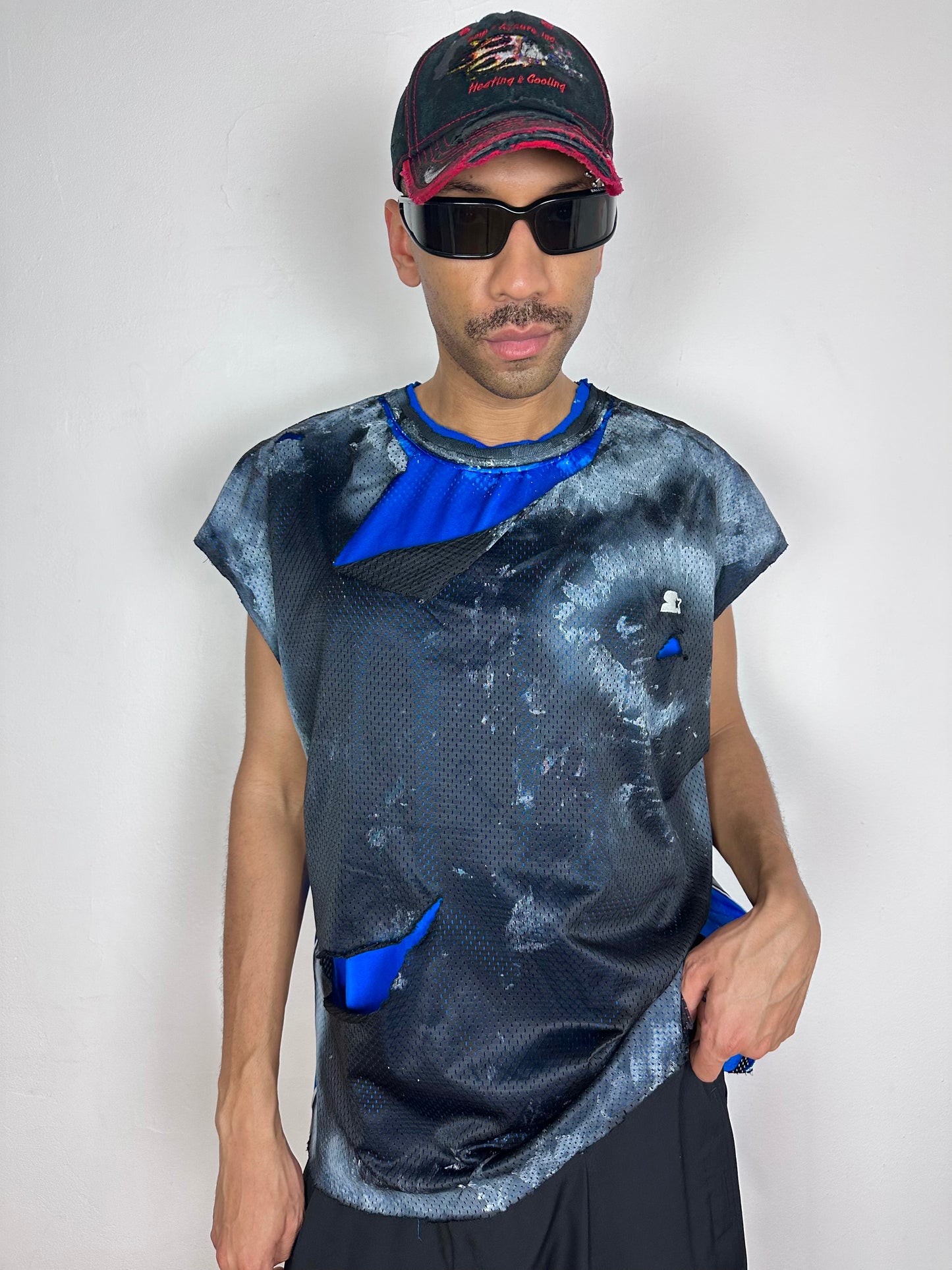 ASTROBOI* x Starter Black & Blue Ripped Mesh Tank Top - XXL